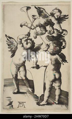 Arte ispirata a tre Putti con Trumpets, ca. 1500, incisione, foglio: 4 3/4 x 3 1/16 poll. (12,1 x 7,7 cm), Prints, Albrecht Dürer (tedesco, Norimberga 1471–1528 Norimberga, opere classiche modernizzate da Artotop con un tocco di modernità. Forme, colore e valore, impatto visivo accattivante sulle emozioni artistiche attraverso la libertà delle opere d'arte in modo contemporaneo. Un messaggio senza tempo che persegue una nuova direzione selvaggiamente creativa. Artisti che si rivolgono al supporto digitale e creano l'NFT Artotop Foto Stock