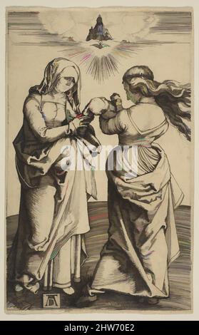 Arte ispirata alla Vergine col Bambino con il Cristo Bambino e Sant'Anna, ca. 1500, incisione, foglio: 4 9/16 x 2 13/16 poll. (11,6 x 7,2 cm), Prints, Albrecht Dürer (tedesco, Norimberga 1471–1528 Norimberga, opere classiche modernizzate da Artotop con un tocco di modernità. Forme, colore e valore, impatto visivo accattivante sulle emozioni artistiche attraverso la libertà delle opere d'arte in modo contemporaneo. Un messaggio senza tempo che persegue una nuova direzione selvaggiamente creativa. Artisti che si rivolgono al supporto digitale e creano l'NFT Artotop Foto Stock