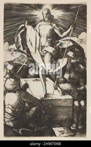 Arte ispirata alla Risurrezione, dalla Passione, 1512, incisione, foglio: 4 5/8 x 2 15/16 poll. (11,7 x 7,4 cm), Prints, Albrecht Dürer (tedesco, Norimberga 1471–1528 Norimberga, opere classiche modernizzate da Artotop con un tocco di modernità. Forme, colore e valore, impatto visivo accattivante sulle emozioni artistiche attraverso la libertà delle opere d'arte in modo contemporaneo. Un messaggio senza tempo che persegue una nuova direzione selvaggiamente creativa. Artisti che si rivolgono al supporto digitale e creano l'NFT Artotop Foto Stock