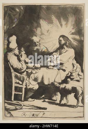 Arte ispirata da Cristo ad Emmaus: Il piatto più piccolo, 1634, incisione con tocchi di punto secco, stampe, Rembrandt (Rembrandt van Rijn) (olandese, Leiden 1606–1669 Amsterdam, opere classiche modernizzate da Artotop con un tuffo di modernità. Forme, colore e valore, impatto visivo accattivante sulle emozioni artistiche attraverso la libertà delle opere d'arte in modo contemporaneo. Un messaggio senza tempo che persegue una nuova direzione selvaggiamente creativa. Artisti che si rivolgono al supporto digitale e creano l'NFT Artotop Foto Stock