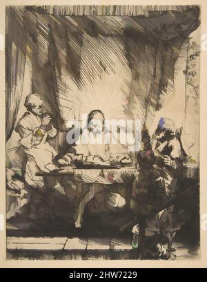 Arte ispirata da Cristo ad Emmaus: Il piatto più grande, 1654, incisione, burin, e drypoint, Stampe, Rembrandt (Rembrandt van Rijn) (olandese, Leiden 1606–1669 Amsterdam, opere classiche modernizzate da Artotop con un tocco di modernità. Forme, colore e valore, impatto visivo accattivante sulle emozioni artistiche attraverso la libertà delle opere d'arte in modo contemporaneo. Un messaggio senza tempo che persegue una nuova direzione selvaggiamente creativa. Artisti che si rivolgono al supporto digitale e creano l'NFT Artotop Foto Stock