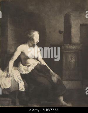 Arte ispirata da donna seduta mezza-vestita accanto ad un piano di cottura, 1658, incisione, sbavatura, e punto secco, Stampe, Rembrandt (Rembrandt van Rijn) (olandese, Leiden 1606–1669 Amsterdam, opere classiche modernizzate da Artotop con un tocco di modernità. Forme, colore e valore, impatto visivo accattivante sulle emozioni artistiche attraverso la libertà delle opere d'arte in modo contemporaneo. Un messaggio senza tempo che persegue una nuova direzione selvaggiamente creativa. Artisti che si rivolgono al supporto digitale e creano l'NFT Artotop Foto Stock