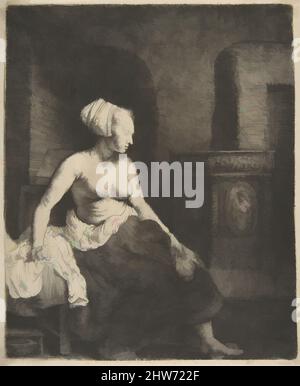 Arte ispirata da donna seduta mezza-vestita accanto ad un piano di cottura, 1658, incisione, sbavatura, e punto secco, Piastra: 8 15/16 x 7 5/16 poll. (22,7 x 18,6 cm), Prints, Rembrandt (Rembrandt van Rijn) (olandese, Leiden 1606–1669 Amsterdam, opere classiche modernizzate da Artotop con un tocco di modernità. Forme, colore e valore, impatto visivo accattivante sulle emozioni artistiche attraverso la libertà delle opere d'arte in modo contemporaneo. Un messaggio senza tempo che persegue una nuova direzione selvaggiamente creativa. Artisti che si rivolgono al supporto digitale e creano l'NFT Artotop Foto Stock