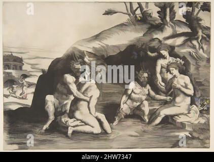 Art Inspired by Nymphs and Satyrs bathing, 1531–76, incisione, foglio: 7 7/8 x 11 3/16 poll. (20 x 28,4 cm), Prints, Giulio Bonasone (italiano, Roma attiva e Bologna, 1531–dopo il 1576, opere classiche modernizzate da Artotop con un tuffo di modernità. Forme, colore e valore, impatto visivo accattivante sulle emozioni artistiche attraverso la libertà delle opere d'arte in modo contemporaneo. Un messaggio senza tempo che persegue una nuova direzione selvaggiamente creativa. Artisti che si rivolgono al supporto digitale e creano l'NFT Artotop Foto Stock