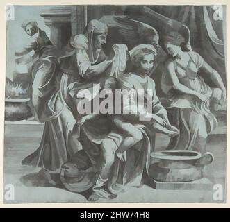 Arte ispirata alla Vergine lavando il Cristo Bambino accompagnato da figure e un angelo a destra, ca. 1550–60, incisione su carta blu, foglio: 13 9/16 x 15 1/4 pollici (34,5 x 38,8 cm), Prints, Giulio Bonasone (italiano, Roma attiva e Bologna, 1531–dopo il 1576, opere classiche modernizzate da Artotop con un tuffo di modernità. Forme, colore e valore, impatto visivo accattivante sulle emozioni artistiche attraverso la libertà delle opere d'arte in modo contemporaneo. Un messaggio senza tempo che persegue una nuova direzione selvaggiamente creativa. Artisti che si rivolgono al supporto digitale e creano l'NFT Artotop Foto Stock