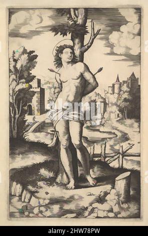 Arte ispirata da San Sebastiano legata ad un albero trafitto da frecce, 1530–60, incisione, foglio: 9 1/16 x 6 1/8 pollici. (23 x 15,5 cm), stampe, Maestro della Die (Roma attiva, ca. 1530–60, opere classiche modernizzate da Artotop con un tocco di modernità. Forme, colore e valore, impatto visivo accattivante sulle emozioni artistiche attraverso la libertà delle opere d'arte in modo contemporaneo. Un messaggio senza tempo che persegue una nuova direzione selvaggiamente creativa. Artisti che si rivolgono al supporto digitale e creano l'NFT Artotop Foto Stock