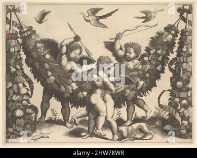 Arte ispirata a quattro putti, due abbracciati davanti ad una grande ghirlanda, due dietro, l'uno a sinistra tenendo una freccia, l'altro a destra un arco, da una serie di arazzi fatti per Leone X, ca 1530–40, incisione; primo stato, foglio: 8 1/4 x 11 1/4 pollici. (21 x 28,5 cm), stampe, Maestro del, opere classiche modernizzate da Artotop con un tuffo di modernità. Forme, colore e valore, impatto visivo accattivante sulle emozioni artistiche attraverso la libertà delle opere d'arte in modo contemporaneo. Un messaggio senza tempo che persegue una nuova direzione selvaggiamente creativa. Artisti che si rivolgono al supporto digitale e creano l'NFT Artotop Foto Stock