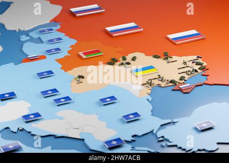 Geopolitica nell'Europa orientale. Invasione russa e guerra in Ucraina. Forze armate russe sul territorio ucraino. 3D rendering. Foto Stock