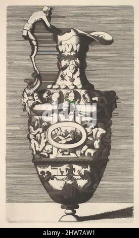 Arte ispirata da Vase con un Dio del fiume in un medaglione ovale, 17th secolo, incisione, foglio: 10 7/16 x 7 1/8 pollici (26,5 x 18,1 cm), raffigurazione di un vaso o di una vimosa. Il vaso è caracterizzato da un'abbondanza di motivi della scuola Fontainebleau. Al centro un medaglione ovale con un fiume, opere classiche modernizzate da Artotop con un tuffo di modernità. Forme, colore e valore, impatto visivo accattivante sulle emozioni artistiche attraverso la libertà delle opere d'arte in modo contemporaneo. Un messaggio senza tempo che persegue una nuova direzione selvaggiamente creativa. Artisti che si rivolgono al supporto digitale e creano l'NFT Artotop Foto Stock