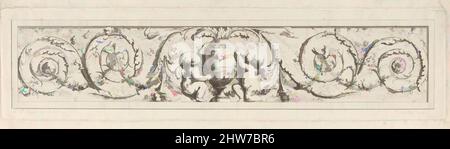 Arte ispirata dal Design per un Frieze con rotoli di Acanthus e un vaso con due Putti nel Centro, ca. 1777, incisione, foglio: 4 3/4 x 15 13/16 pollici (12,1 x 40,2 cm), inciso da le Roy, progettato da Gilles Paul Cauvet (francese, Aix 1731–1788 Parigi, opere classiche modernizzate da Artotop con un tuffo di modernità. Forme, colore e valore, impatto visivo accattivante sulle emozioni artistiche attraverso la libertà delle opere d'arte in modo contemporaneo. Un messaggio senza tempo che persegue una nuova direzione selvaggiamente creativa. Artisti che si rivolgono al supporto digitale e creano l'NFT Artotop Foto Stock
