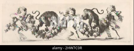Art Inspired by Design for a Frieze with Three Putti holding a Garland and Two Leopardo jumping on it, Plate 16 from: 'Fregi e foliage' (Ornamenti di fregi e fogliami), ca. 1645–50, incisione, foglio: 3 11/16 x 10 1/2 poll. (9,4 x 26,7 cm), Stefano della Bella (opere classiche italiane modernizzate da Artotop con un tuffo di modernità. Forme, colore e valore, impatto visivo accattivante sulle emozioni artistiche attraverso la libertà delle opere d'arte in modo contemporaneo. Un messaggio senza tempo che persegue una nuova direzione selvaggiamente creativa. Artisti che si rivolgono al supporto digitale e creano l'NFT Artotop Foto Stock