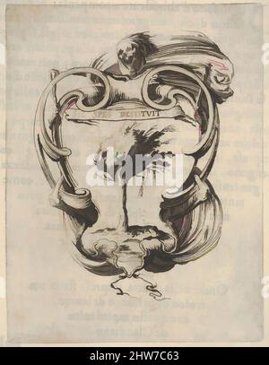 Arte ispirata da una cartouche con un albero soffiato nel vento, un cranio con drappeggi in cima, ossa su entrambi i lati, da 'otto emblemi per il funerale di Francesco de Medici' (Huit emblèmes pour les funérailles du price Franois de Médicis), ca. 1640–60, incisione, stampa letteraria visibile su, opere classiche modernizzate da Artotop con un tocco di modernità. Forme, colore e valore, impatto visivo accattivante sulle emozioni artistiche attraverso la libertà delle opere d'arte in modo contemporaneo. Un messaggio senza tempo che persegue una nuova direzione selvaggiamente creativa. Artisti che si rivolgono al supporto digitale e creano l'NFT Artotop Foto Stock