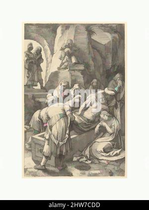 Arte ispirata dall'Entombment, dalla Passione di Cristo, 1596, incisione, foglio: 7 3/4 x 5 1/8 in. (19,7 x 13 cm), Prints, Hendrick Goltzius (Netherlandish, Mühlbracht 1558–1617 Haarlem), tra il 1596 e il 1598 Goltzius ha inciso questa serie di dodici stampe che illustrano la Passione, opere classiche modernizzate da Artotop con un tuffo di modernità. Forme, colore e valore, impatto visivo accattivante sulle emozioni artistiche attraverso la libertà delle opere d'arte in modo contemporaneo. Un messaggio senza tempo che persegue una nuova direzione selvaggiamente creativa. Artisti che si rivolgono al supporto digitale e creano l'NFT Artotop Foto Stock