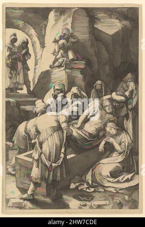 Arte ispirata dall'Entombment, dalla Passione di Cristo, 1596, incisione, foglio: 8 1/16 x 5 7/16 in. (20,5 x 13,8 cm), Prints, Hendrick Goltzius (Netherlandish, Mühlbracht 1558–1617 Haarlem), tra il 1596 e il 1598 Goltzius ha inciso questa serie di dodici stampe che illustrano le opere classiche modernizzate da Artotop con un tuffo di modernità. Forme, colore e valore, impatto visivo accattivante sulle emozioni artistiche attraverso la libertà delle opere d'arte in modo contemporaneo. Un messaggio senza tempo che persegue una nuova direzione selvaggiamente creativa. Artisti che si rivolgono al supporto digitale e creano l'NFT Artotop Foto Stock