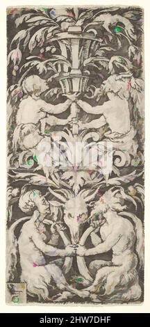 Arte ispirata da Ornamento con due Coppie di Satiri, 1549, incisione, foglio: 3 7/16 x 1 5/8 poll. (8,8 x 4,2 cm), Heinrich Algrassaggio (tedesco, Paderborn ca. 1502–1555/1561 Soest, opere classiche modernizzate da Artotop con un tocco di modernità. Forme, colore e valore, impatto visivo accattivante sulle emozioni artistiche attraverso la libertà delle opere d'arte in modo contemporaneo. Un messaggio senza tempo che persegue una nuova direzione selvaggiamente creativa. Artisti che si rivolgono al supporto digitale e creano l'NFT Artotop Foto Stock