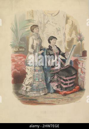 Arte ispirata da Toilettes de Mme. L. Massieu, da la Mode Illustrée, 1881, incisione in acciaio con colorazione manuale, foglio: 13 11/16 x 9 13/16 pollici (34,8 x 25 cm), Prints, Adèle-Anais Toudouze (francese, Parigi 1822–1899 Parigi), J. Bonnard (francese, Attivo 19th secolo, opere classiche modernizzate da Artotop con un tuffo di modernità. Forme, colore e valore, impatto visivo accattivante sulle emozioni artistiche attraverso la libertà delle opere d'arte in modo contemporaneo. Un messaggio senza tempo che persegue una nuova direzione selvaggiamente creativa. Artisti che si rivolgono al supporto digitale e creano l'NFT Artotop Foto Stock