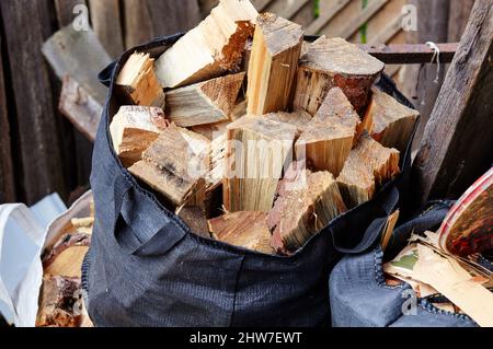 Sacchetto di legna da ardere. Preparazione per un picnic in natura o accensione della fornace. Concetto di viaggio e turismo Foto Stock