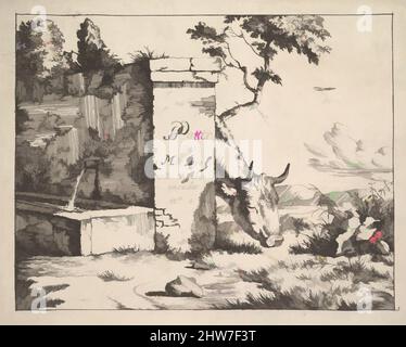 Art Inspired by Title page for 'Deverses vaches et boeufs' After Paulus Potter, Etching, sheet: 5 9/16 x 6 15/16 in. (14,1 x 17,7 cm), stampe, Marcus de Bye (olandese, l'Aia 1639–dopo il 1688), dopo Paulus Potter (olandese, Enkhuizen 1625–1654 Amsterdam, opere classiche modernizzate da Artotop con un tuffo di modernità. Forme, colore e valore, impatto visivo accattivante sulle emozioni artistiche attraverso la libertà delle opere d'arte in modo contemporaneo. Un messaggio senza tempo che persegue una nuova direzione selvaggiamente creativa. Artisti che si rivolgono al supporto digitale e creano l'NFT Artotop Foto Stock