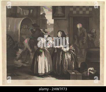 Arte ispirata al progresso Di Una harlot, piastra 1, aprile 1732, incisione e incisione; quarto stato di quattro, piastra: 12 1/2 x 15 3/8 pollici. (31,8 x 39,1 cm), Prints, William Hogarth (Londra 1697–1764 Londra), situato fuori dal Bell Inn di Londra. Mary Hackabout, una ragazza di campagna, ha appena, opere classiche modernizzate da Artotop con un tuffo di modernità. Forme, colore e valore, impatto visivo accattivante sulle emozioni artistiche attraverso la libertà delle opere d'arte in modo contemporaneo. Un messaggio senza tempo che persegue una nuova direzione selvaggiamente creativa. Artisti che si rivolgono al supporto digitale e creano l'NFT Artotop Foto Stock