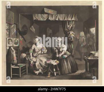 Arte ispirata al progresso Di Una harlot, piastra 3, aprile 1732, incisione e incisione; terzo stato di tre, piastra: 12 11/16 x 15 3/8 pollici. (32,3 x 39 cm), Prints, William Hogarth (Londra 1697–1764 Londra, opere classiche modernizzate da Artotop con un tuffo di modernità. Forme, colore e valore, impatto visivo accattivante sulle emozioni artistiche attraverso la libertà delle opere d'arte in modo contemporaneo. Un messaggio senza tempo che persegue una nuova direzione selvaggiamente creativa. Artisti che si rivolgono al supporto digitale e creano l'NFT Artotop Foto Stock