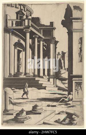 Arte ispirata da Classizing Landscape with Three Figures, da una serie di rovine architettoniche con figure, al contrario dopo le stampe di Jacques Androuet Ducerceau dopo Léonard Thiry, ca. 1550–62, incisione, foglio: 6 x 4 poll. (15,2 x 10,2 cm), Virgil Solis (tedesco, (?) 1514–1562 Norimberga, opere classiche modernizzate da Artotop con un tocco di modernità. Forme, colore e valore, impatto visivo accattivante sulle emozioni artistiche attraverso la libertà delle opere d'arte in modo contemporaneo. Un messaggio senza tempo che persegue una nuova direzione selvaggiamente creativa. Artisti che si rivolgono al supporto digitale e creano l'NFT Artotop Foto Stock