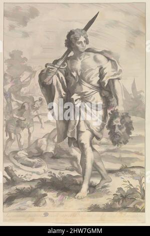 Arte ispirata da David con la testa di Golia, 1680–1743, incisione, foglio: 19 x 15 3/8 poll. (48,2 x 39 cm), Prints, Robert van Audenaerde (Fiammingo, Gand 1663–1743 Gand), dopo Carlo Maratti (italiano, Camerano 1625–1713 Roma, opere classiche modernizzate da Artotop con un tuffo di modernità. Forme, colore e valore, impatto visivo accattivante sulle emozioni artistiche attraverso la libertà delle opere d'arte in modo contemporaneo. Un messaggio senza tempo che persegue una nuova direzione selvaggiamente creativa. Artisti che si rivolgono al supporto digitale e creano l'NFT Artotop Foto Stock