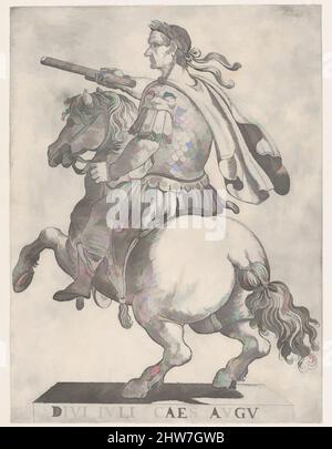 Arte ispirata dal piatto 1: Imperatore Giulio Cesare a Horseback, da 'i dodici Cesari romani', 1596, incisione; primo stato di due (Bartsch), foglio: 11 7/8 x 8 7/8 pollici. (30,2 x 22,5 cm), Prints, Antonio Tempesta (Firenze 1555–1630 Roma, opere classiche modernizzate da Artotop con un tuffo di modernità. Forme, colore e valore, impatto visivo accattivante sulle emozioni artistiche attraverso la libertà delle opere d'arte in modo contemporaneo. Un messaggio senza tempo che persegue una nuova direzione selvaggiamente creativa. Artisti che si rivolgono al supporto digitale e creano l'NFT Artotop Foto Stock