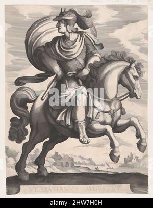 Arte ispirata dall'imperatore Vespasiano a Horseback, dalla serie i primi dodici Cesari romani, piastra 11, 1610–50, incisione, foglio: 14 5/8 x 20 1/2 pollici. (37,2 x 52 cm), Prints, Matthäus Merian il Vecchio (Svizzero, Basilea 1593–1650 Schwalbach), dopo Antonio Tempesta (Italiano, Firenze 1555–, opere classiche modernizzate da Artotop con un tuffo di modernità. Forme, colore e valore, impatto visivo accattivante sulle emozioni artistiche attraverso la libertà delle opere d'arte in modo contemporaneo. Un messaggio senza tempo che persegue una nuova direzione selvaggiamente creativa. Artisti che si rivolgono al supporto digitale e creano l'NFT Artotop Foto Stock