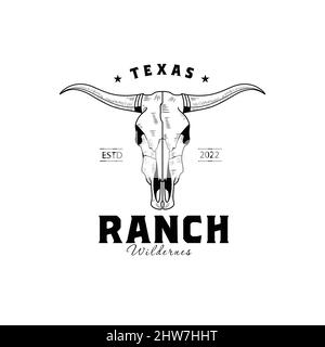 Vintage Cow Bull Texas Longhorn Logo retro Design Country Western Bull Cattle Illustrazione Vettoriale