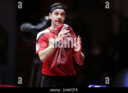 Primo : 03/03/2022 Ping Pong Champions League 2nd semifinale stagione 2021/2022, Borussia Dv* sseldorf. Duesseldorf - 1.MFC Saarbrv* cken Timo Boll perse il suo singolo contro Patrick Franziska Foto Stock