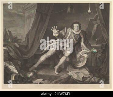 Arte ispirata da Garrick nel personaggio di Richard III, 20 giugno 1746, incisione e incisione; secondo stato di due, foglio: 16 3/8 x 20 1/2 pollici (41,6 x 52 cm), Prints, Hogarth rappresenta il suo stretto amico, l'attore David Garrick, come Richard III svegliarsi da una visione dei fantasmi di, opere classiche modernizzate da Artotop con un tuffo di modernità. Forme, colore e valore, impatto visivo accattivante sulle emozioni artistiche attraverso la libertà delle opere d'arte in modo contemporaneo. Un messaggio senza tempo che persegue una nuova direzione selvaggiamente creativa. Artisti che si rivolgono al supporto digitale e creano l'NFT Artotop Foto Stock
