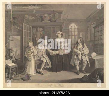 Arte ispirata a Marriage A-la-Mode, Plate III, 1 aprile 1745, incisione e incisione; Primo stato di tre, foglio: 15 1/4 x 16 poll. (38,7 x 40,7 cm), Prints, dopo William Hogarth (Londra 1697–1764 Londra, opere classiche modernizzate da Artotop con un tuffo di modernità. Forme, colore e valore, impatto visivo accattivante sulle emozioni artistiche attraverso la libertà delle opere d'arte in modo contemporaneo. Un messaggio senza tempo che persegue una nuova direzione selvaggiamente creativa. Artisti che si rivolgono al supporto digitale e creano l'NFT Artotop Foto Stock