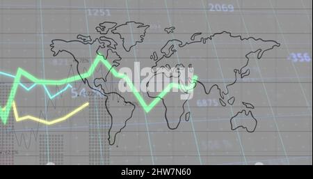 Immagine dell'elaborazione delle statistiche con linee sulla mappa del mondo con griglia su sfondo grigio Foto Stock