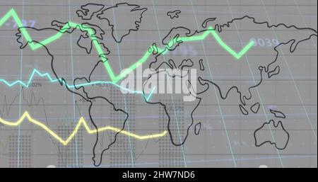 Immagine dell'elaborazione delle statistiche con linee sulla mappa del mondo con griglia su sfondo grigio Foto Stock