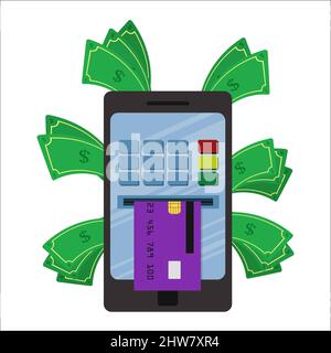 Prelevare denaro dal telefono. Carta di credito inserita in un bancomat sullo schermo. Bancomat su smartphone. Illustrazione Vettoriale