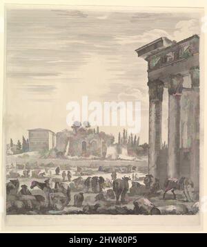 Arte ispirata alle colonne del Tempio di Antonino a destra, una parte del campo Vaccino al centro e a sinistra, insieme a vari animali e figure, le rovine Palatine sullo sfondo, da 'ix grandi vedute, quattro di Roma, E due della campagna romana' (sei grandes vues, opere classiche modernizzate da Artotop con un tuffo di modernità. Forme, colore e valore, impatto visivo accattivante sulle emozioni artistiche attraverso la libertà delle opere d'arte in modo contemporaneo. Un messaggio senza tempo che persegue una nuova direzione selvaggiamente creativa. Artisti che si rivolgono al supporto digitale e creano l'NFT Artotop Foto Stock