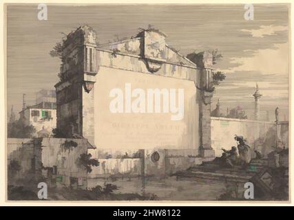 Art Inspired by Title Plate of 'vedute oltre presse da i luoghi altre ideate', con titolo e informazioni di pubblicazione inscritti in una placca da parete ai margini di un canale, 1735–46, Etching, foglio: 11 7/8 x 17 poll. (30,1 x 43,2 cm), stampe, Canaletto (canale Giovanni Antonio) (italiano, opere classiche modernizzate da Artotop con un tuffo di modernità. Forme, colore e valore, impatto visivo accattivante sulle emozioni artistiche attraverso la libertà delle opere d'arte in modo contemporaneo. Un messaggio senza tempo che persegue una nuova direzione selvaggiamente creativa. Artisti che si rivolgono al supporto digitale e creano l'NFT Artotop Foto Stock