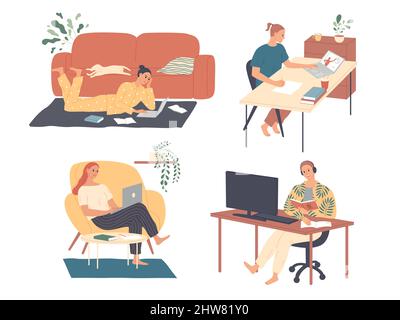 Le persone freelance lavorano a casa. Personaggio freelance che lavora da un ufficio domestico. Lavoratore autonomo o aziendale. Illustrazione Vettoriale
