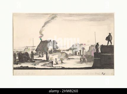 Arte ispirata al piatto 4: Accampamento militare con un soldato in piedi su un parapetto a destra battendo un tamburo, da 'varie Caprice militari' (Vari capricci militari), ca. 1641, incisione, foglio: 3 7/16 x 5 1/2 pollici (8,7 x 13,9 cm), stampe, Stefano della Bella (Firenze 1610, opere classiche modernizzate da Artotop con un tuffo di modernità. Forme, colore e valore, impatto visivo accattivante sulle emozioni artistiche attraverso la libertà delle opere d'arte in modo contemporaneo. Un messaggio senza tempo che persegue una nuova direzione selvaggiamente creativa. Artisti che si rivolgono al supporto digitale e creano l'NFT Artotop Foto Stock