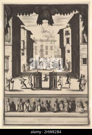 Arte ispirata dal frontespizio per la commedia 'i Buffoons' (li Buffoni), un set sul palco che assomiglia a uno spazio pubblico, varie figure che ballano intorno a due persone in gabbie al centro del palco, quindici spettatori al di sotto, 1639–41, etching, foglio: 3 1/2 x 5 5/16 pollici. (8,9 x 13,5 cm), Stefano della, opere classiche modernizzate da Artotop con un tuffo di modernità. Forme, colore e valore, impatto visivo accattivante sulle emozioni artistiche attraverso la libertà delle opere d'arte in modo contemporaneo. Un messaggio senza tempo che persegue una nuova direzione selvaggiamente creativa. Artisti che si rivolgono al supporto digitale e creano l'NFT Artotop Foto Stock