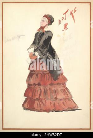 Arte ispirata al Costume Design per 'mrs. Jinks', Act II, 1901, acquerelli su grafite, totale: 11 5/8 x 8 9/16 x 1 3/8 poll. (29,5 x 21,8 x 3,5 cm), Percy Anderson (British, 1850/51–1928 London), Design for the Costume for mrs. Jinks' per il secondo atto del gioco 'Captain Jinks of, Classic opere modernizzate da Artotop con un tuffo di modernità. Forme, colore e valore, impatto visivo accattivante sulle emozioni artistiche attraverso la libertà delle opere d'arte in modo contemporaneo. Un messaggio senza tempo che persegue una nuova direzione selvaggiamente creativa. Artisti che si rivolgono al supporto digitale e creano l'NFT Artotop Foto Stock