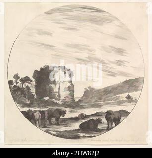 Arte ispirata al piatto 13: Rovine di un antico tempio sullo sfondo, un mandria di mucche in primo piano, una composizione rotonda, da 'paesaggi e rovine romane' (Paysages et ruines de Rome), ca. 1643–48, incisione, foglio: 5 3/16 x 5 5/16 pollici (13,2 x 13,5 cm), stampe, Stefano della Bella, opere classiche modernizzate da Artotop con un tuffo di modernità. Forme, colore e valore, impatto visivo accattivante sulle emozioni artistiche attraverso la libertà delle opere d'arte in modo contemporaneo. Un messaggio senza tempo che persegue una nuova direzione selvaggiamente creativa. Artisti che si rivolgono al supporto digitale e creano l'NFT Artotop Foto Stock