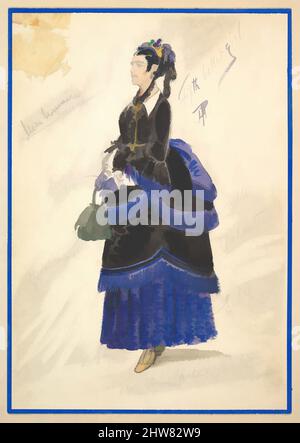 Arte ispirata da Costume Design per 'Fifth Ballet Girl' (Long Black Gown), 1901, Watercolours over graphite, Percy Anderson (British, 1850/51–1928 London), Design per il costume di "Fifth Ballet Girl" per il gioco "Captain Jinks of the Horse Marines". 'Fifth Ballet Girl' è in mostra, opere classiche modernizzate da Artotop con un tuffo di modernità. Forme, colore e valore, impatto visivo accattivante sulle emozioni artistiche attraverso la libertà delle opere d'arte in modo contemporaneo. Un messaggio senza tempo che persegue una nuova direzione selvaggiamente creativa. Artisti che si rivolgono al supporto digitale e creano l'NFT Artotop Foto Stock