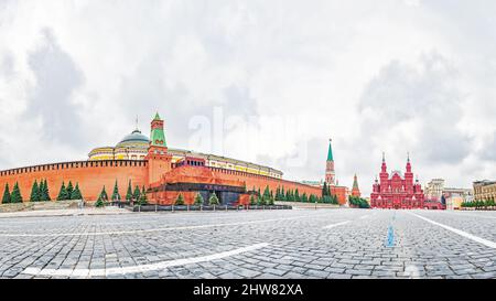 Panorama della Piazza Rossa a Mosca, Russia. Il Cremlino, il Mausoleo di Lenin e il Museo storico statale Foto Stock