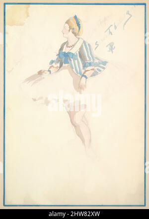 Art Inspired by Costume Design for 'Seventh Ballet Girl' (Short White and Blue Striped Dress), 1901, Watercolors over graphite, tuta: 11 1/2 x 8 5/8 x 1 3/16" (29,2 x 21,9 x 3 cm), Percy Anderson (British, 1850/51–1928 London), Design for the Costume for 'Seventh Ballet Girl' for, opere classiche modernizzate da Artotop con un tocco di modernità. Forme, colore e valore, impatto visivo accattivante sulle emozioni artistiche attraverso la libertà delle opere d'arte in modo contemporaneo. Un messaggio senza tempo che persegue una nuova direzione selvaggiamente creativa. Artisti che si rivolgono al supporto digitale e creano l'NFT Artotop Foto Stock