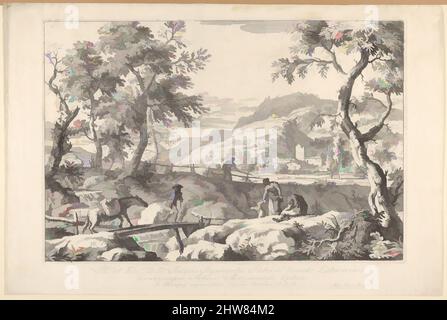 Arte ispirata da Landscape con uomo che conduce un cavallo mazzo attraverso un ponte di legno, tre figure in primo piano a destra, la silhouette di un uomo in piedi a una recinzione oltre, dalla serie 'Landscapes', 1723–30, Etching, foglio: 13 11/16 x 20 1/2 pollici. (34,8 x 52,1 cm), stampe, Marco Ricci (, opere classiche modernizzate da Artotop con un tuffo di modernità. Forme, colore e valore, impatto visivo accattivante sulle emozioni artistiche attraverso la libertà delle opere d'arte in modo contemporaneo. Un messaggio senza tempo che persegue una nuova direzione selvaggiamente creativa. Artisti che si rivolgono al supporto digitale e creano l'NFT Artotop Foto Stock