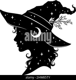 Silhouette nera di una strega di profilo che indossa un cappello da strega appuntito decorato con stelle, una luna crescente e una piuma Illustrazione Vettoriale