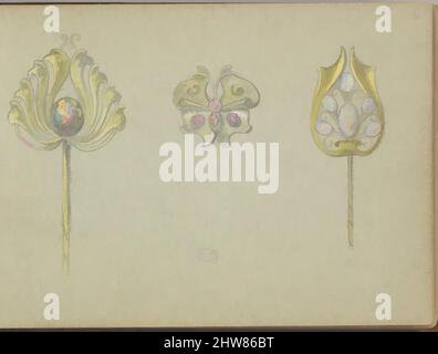 Art Inspired by Designs for Two Gold Stickpins and a Seperate Ornament, 1899, Graphite and Gouache, sheet: 3 1/2 x 5 in. (8,9 x 12,7 cm), Edgar Gilstrap Simpson (britannico, 1867–1945 (presunto)), tre disegni per stickspins color oro con pietre preziose. I disegni sono numerati (, opere classiche modernizzate da Artotop con un tuffo di modernità. Forme, colore e valore, impatto visivo accattivante sulle emozioni artistiche attraverso la libertà delle opere d'arte in modo contemporaneo. Un messaggio senza tempo che persegue una nuova direzione selvaggiamente creativa. Artisti che si rivolgono al supporto digitale e creano l'NFT Artotop Foto Stock