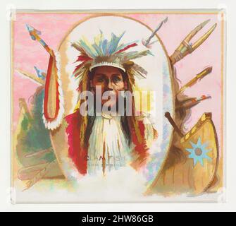 Arte ispirata da Clam Fish, Warm Springs, della serie americana Indian Chiefs (N36) per Allen & Ginter Cigarettes, 1888, litografia commerciale a colori, foglio: 2 7/8 x 3 1/4 pollici. (7,3 x 8,3 cm), carte commerciali della serie 'American Indian Chiefs' (N36), pubblicato nel 1888 in un set di 50, opere classiche modernizzate da Artotop con un tuffo di modernità. Forme, colore e valore, impatto visivo accattivante sulle emozioni artistiche attraverso la libertà delle opere d'arte in modo contemporaneo. Un messaggio senza tempo che persegue una nuova direzione selvaggiamente creativa. Artisti che si rivolgono al supporto digitale e creano l'NFT Artotop Foto Stock