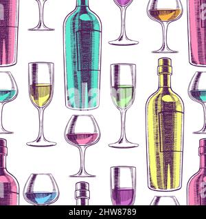 Bellissimo sfondo senza cuciture di bottiglie e bicchieri di vino. Illustrazione disegnata a mano Illustrazione Vettoriale